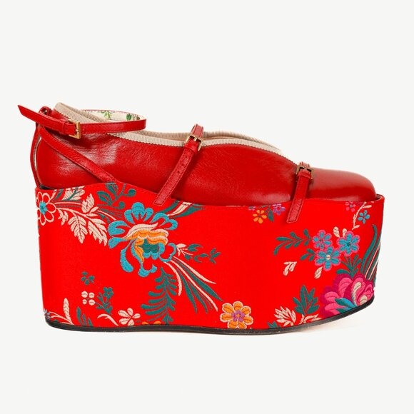 Gucci Hibiscus Red Malaga Kid Silk Hannelore Detachable Platform Slide - Picture 1 of 13